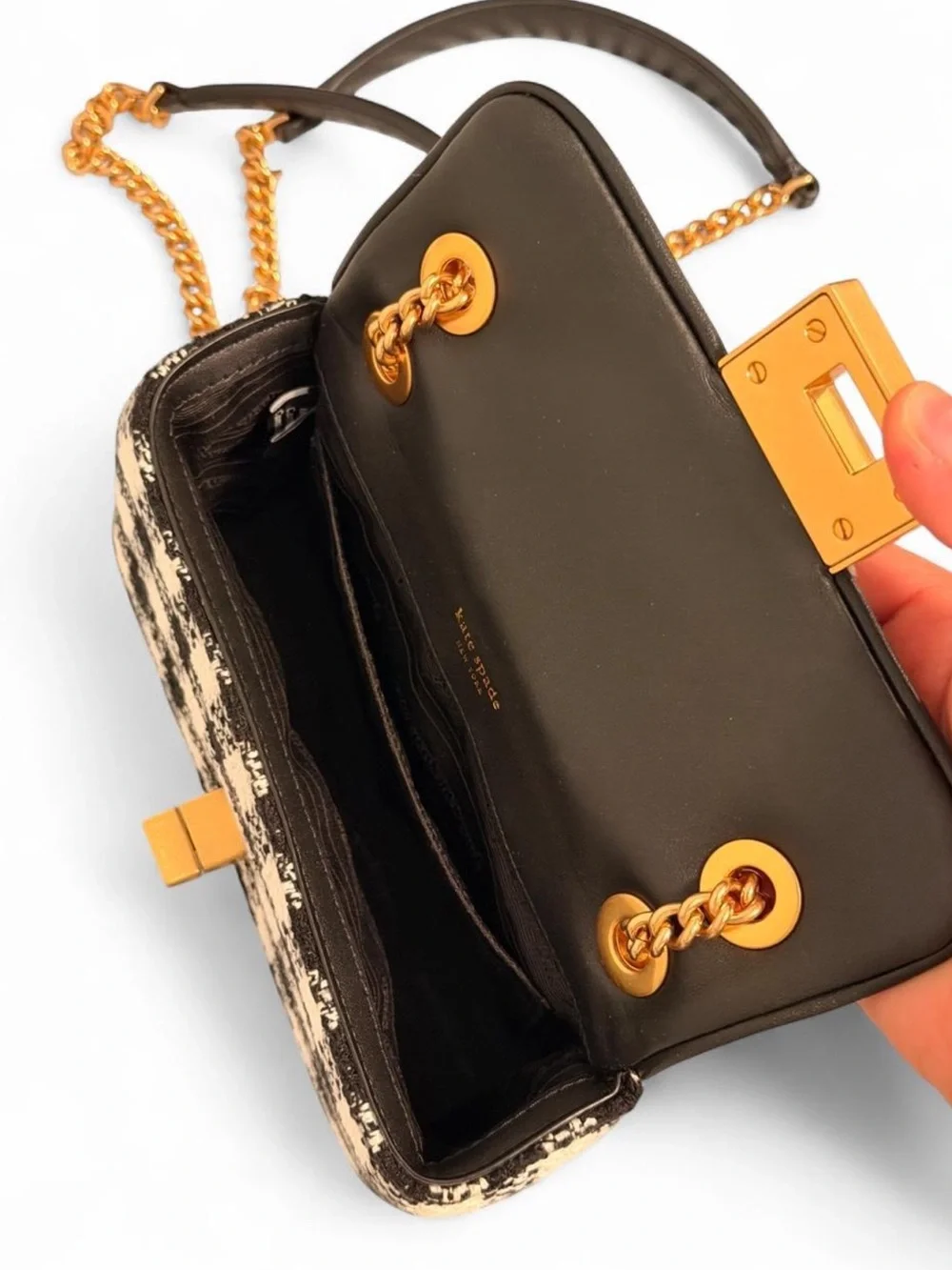 kate spade Black and Cream Check Crossbody with Gold Chain